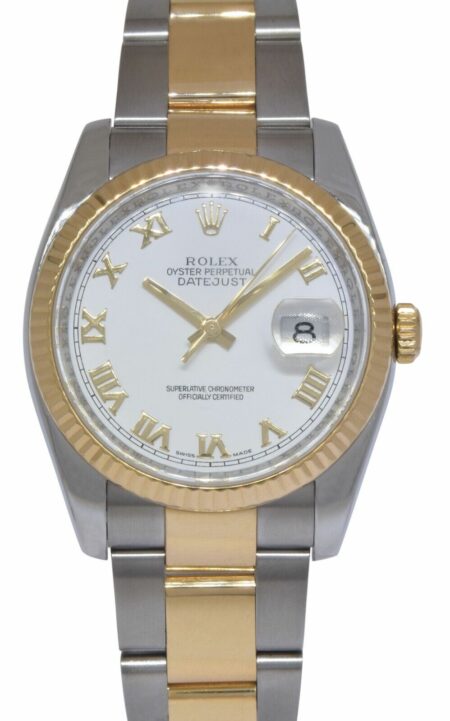 Rolex Datejust 18k Yellow Gold/Steel White Roman Dial 36mm Oyster Watch 116233