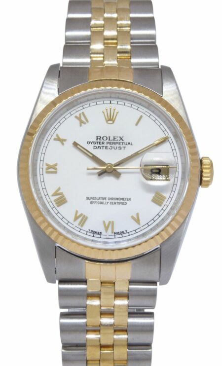 Rolex Datejust 18k Yellow Gold/Steel White Roman Dial Mens 36mm Watch R 16233