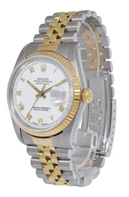 Rolex Datejust 18k Yellow Gold/Steel White Roman Dial Mens 36mm Watch R 16233