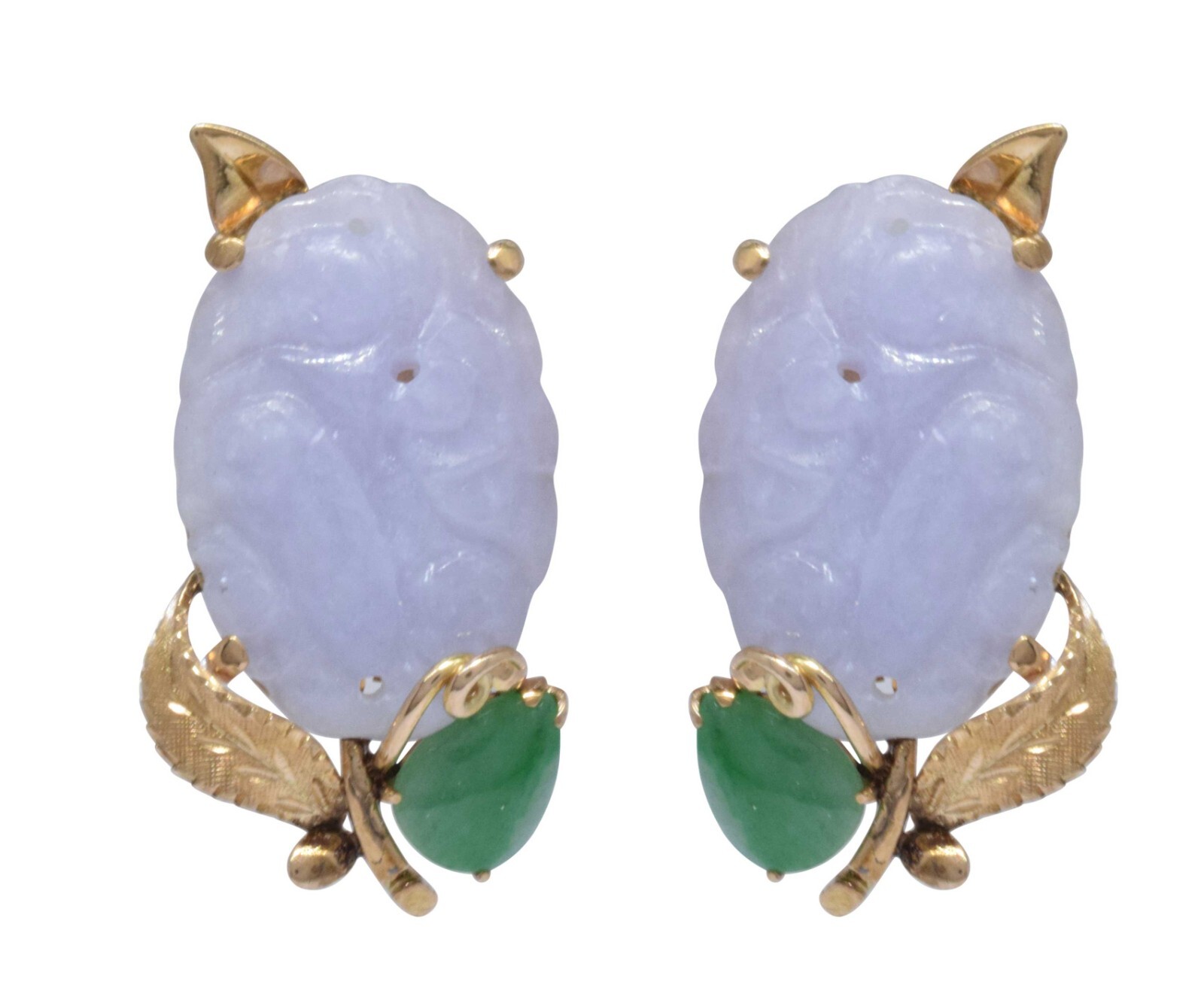 Carved Lavender Jade & Green Jade 14k Yellow Gold Clip Earrings