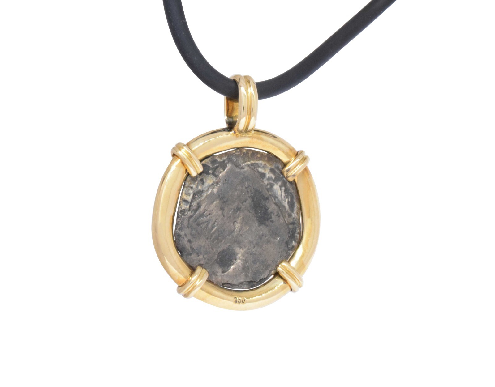 Antique Silver Coin Necklace in 18k Yellow Gold with 15'' Rubber Cord