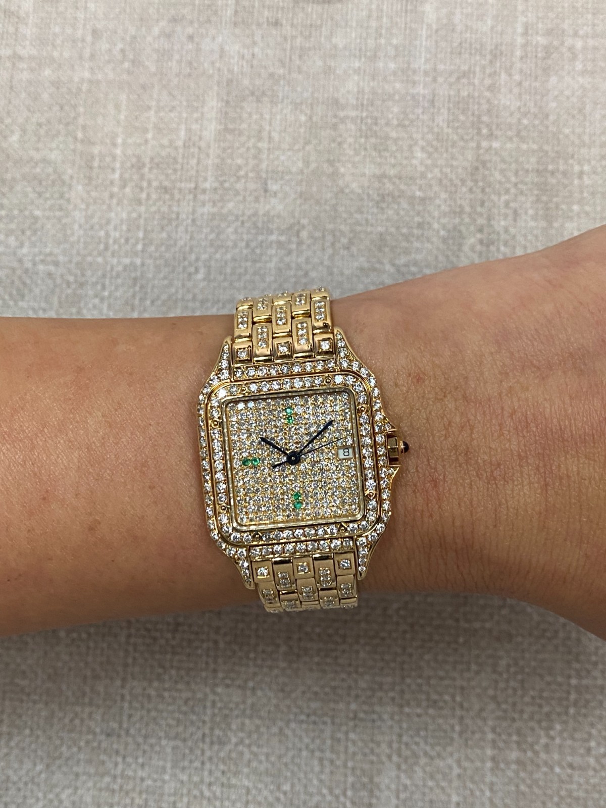Cartier Panthere Large 18k Yellow Gold Pave Diamond/Emerald Quartz Watch 883968