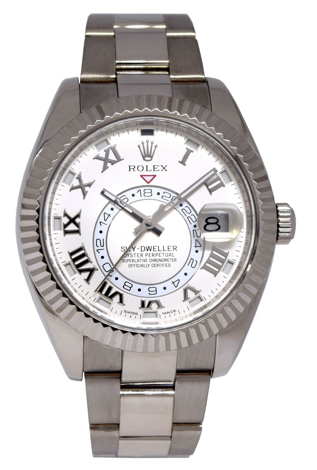 Rolex Sky-Dweller GMT 18k White Gold Ivory Roman Dial Mens 42mm Watch 326939