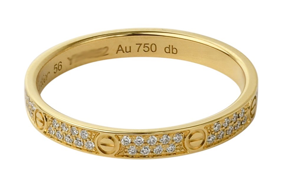 Cartier Love Ring Pave Diamond 18k Yellow Gold Mini Band Size 56 B/P'24 B4218056 Cartier Love Ring Pave Diamond 18k Yellow Gold Mini Band Size 56 B/P'24 B4218056