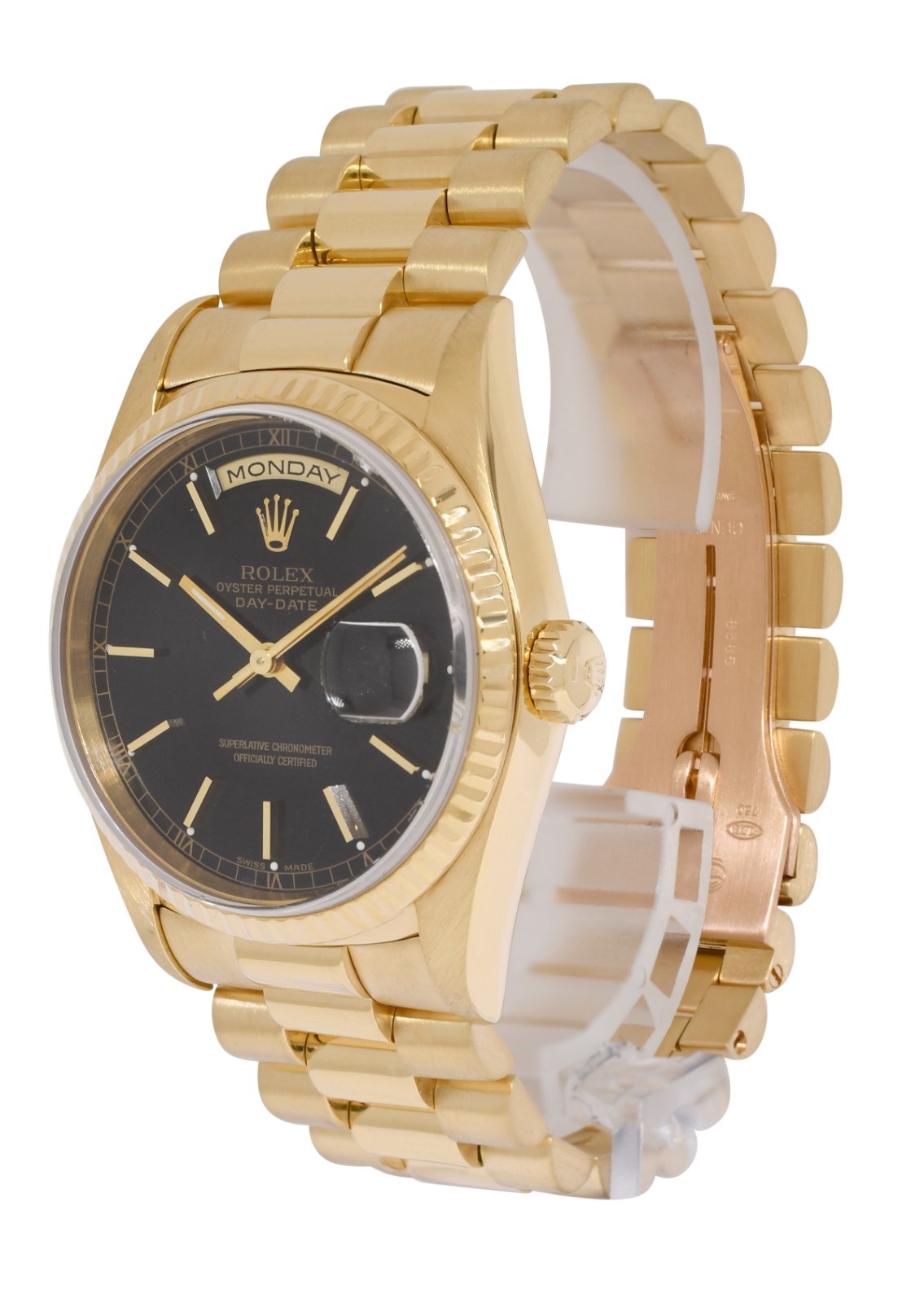 Rolex Day-Date President 18k Yellow Gold Black Dial Mens 36mm Watch E 18238