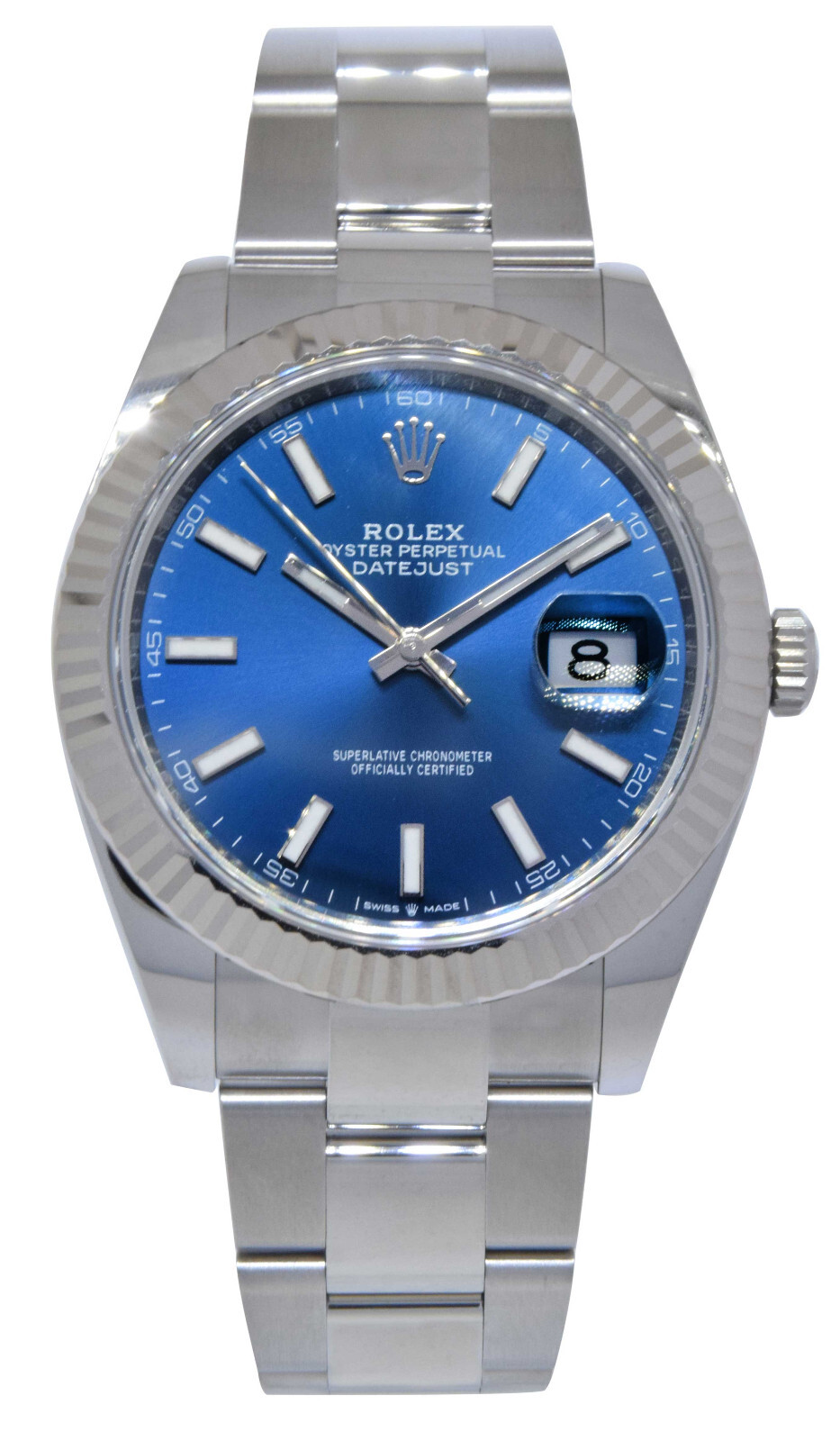 NOS Rolex Datejust 41 Steel & 18k White Gold Bezel Blue Dial Watch BP '21 126334