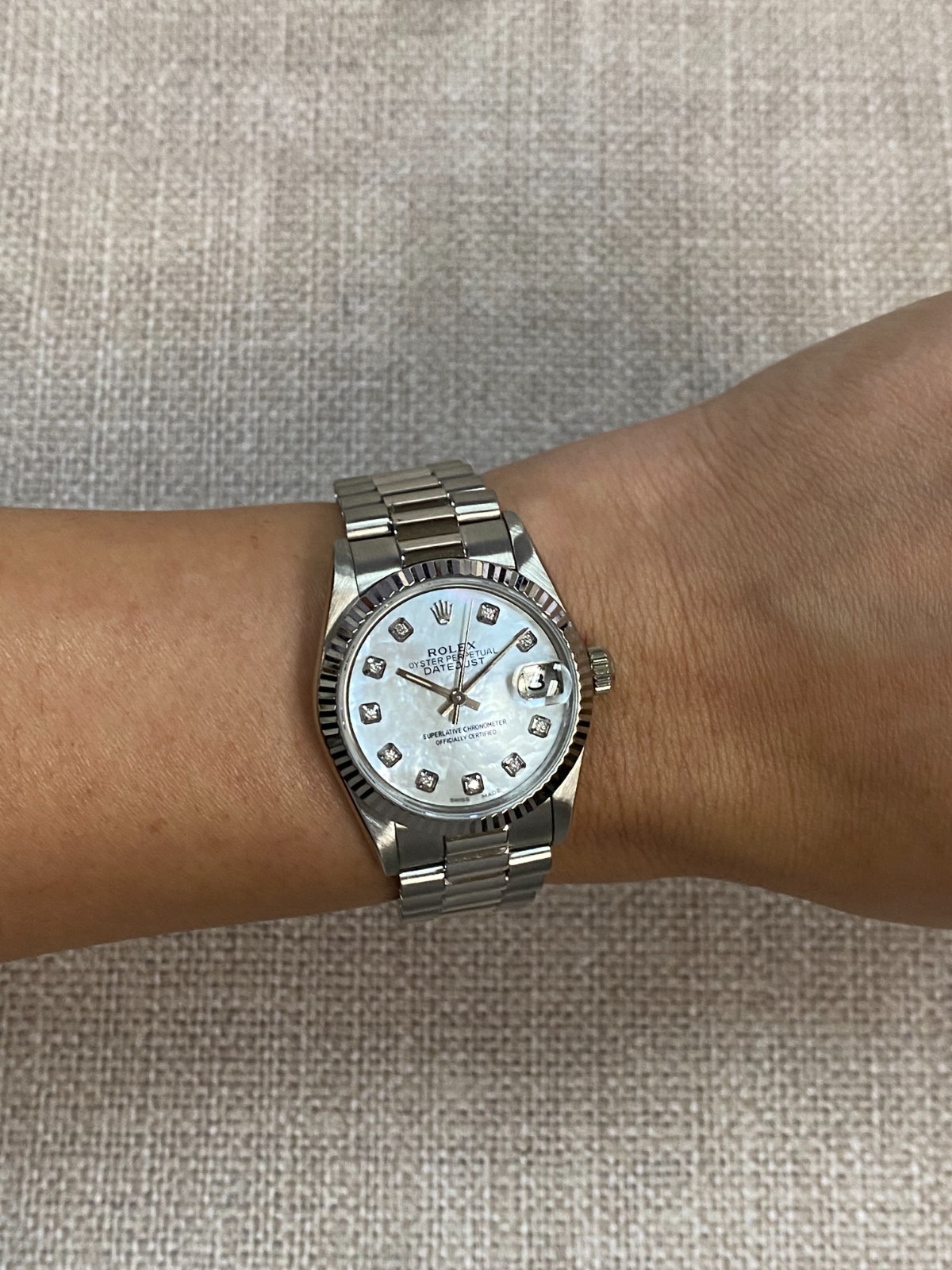 Rolex Datejust President 18k White Gold MOP Diamond Dial 31mm Watch L 68279