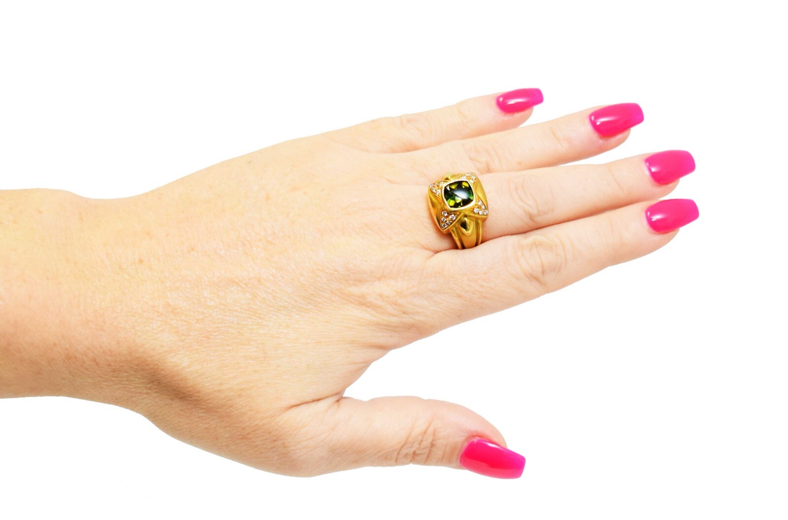 Kimberlee Teti 18k Yellow Gold Green Cabochon Tourmaline & Diamond Ring Size 7.5