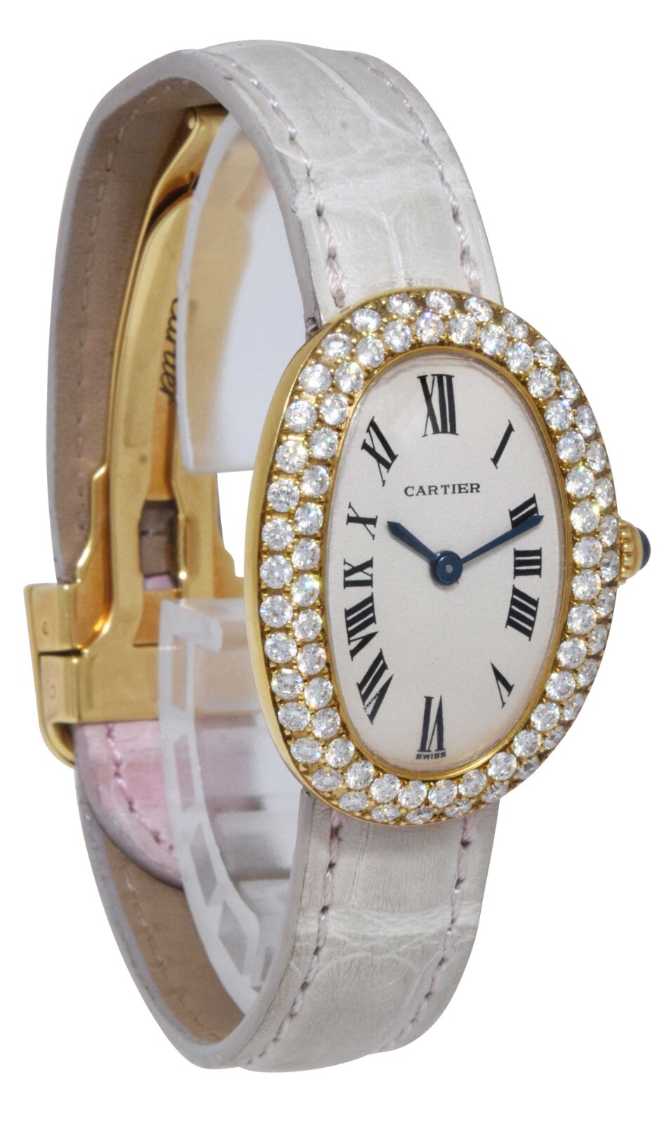 Cartier Baignoire 18k Yellow Gold & Diamond Ivory Dial Ladies Strap Watch 3358