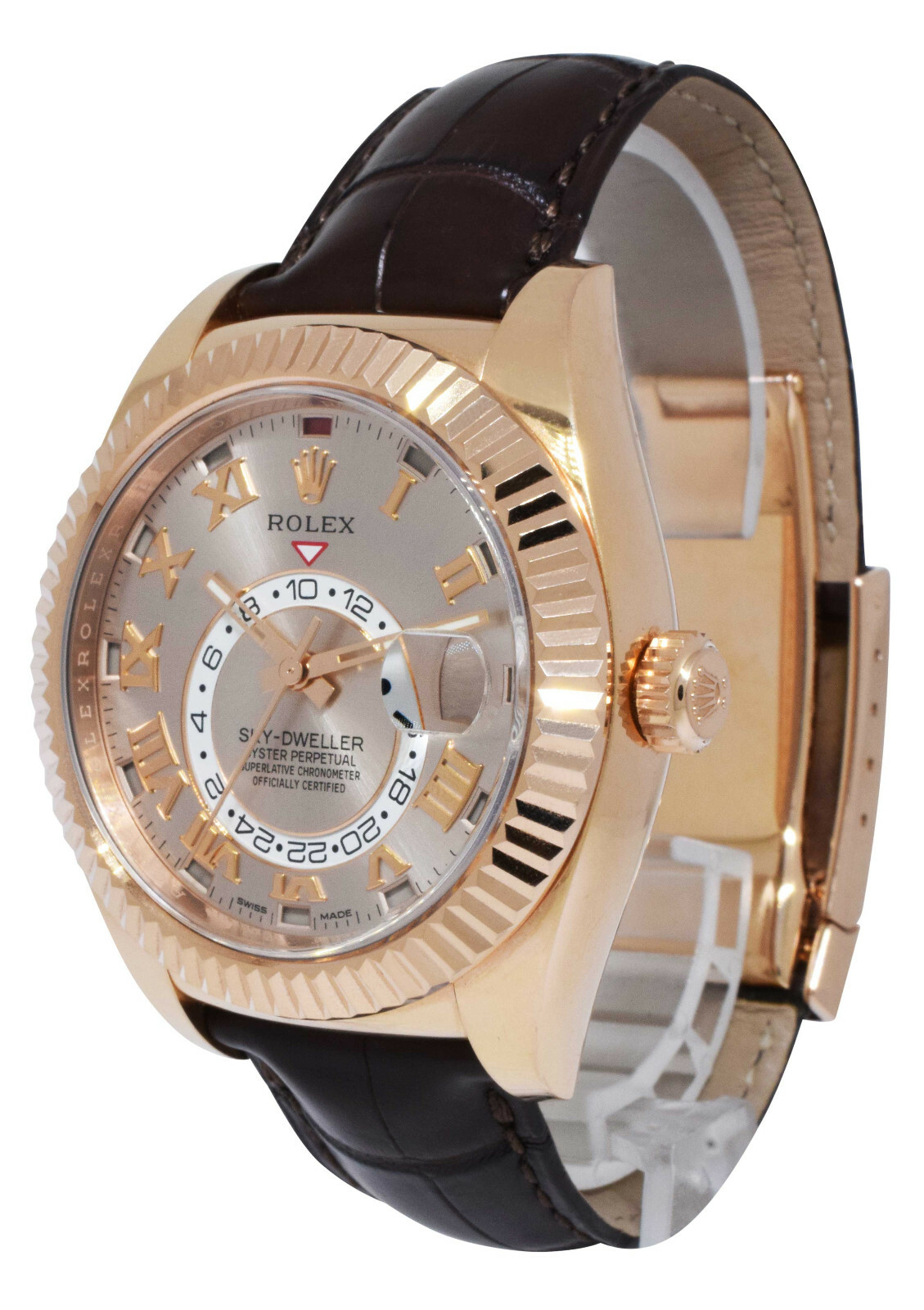 Rolex Sky-Dweller 18k Everose Gold Sundust Roman Dial Mens 42mm GMT Watch 326135