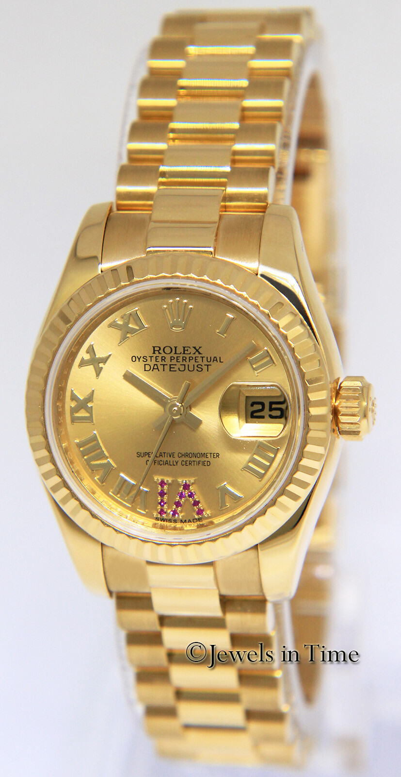Rolex Datejust President 18k Yellow Gold Ruby VI Ladies 26mm Watch +Card 179178