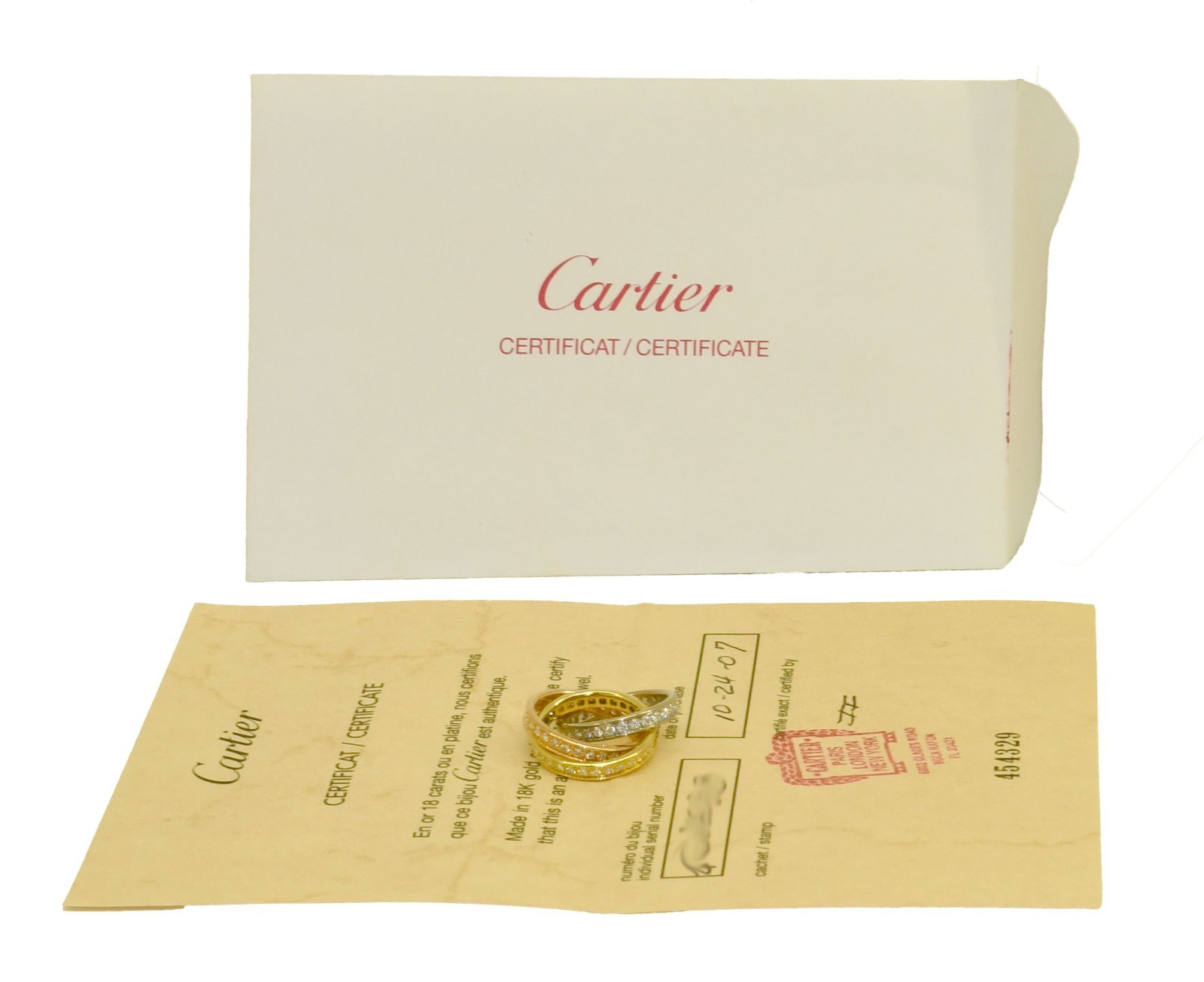 Cartier Trinity Pave Diamond Tri-Color 18k White Yellow & Rose Gold Ring Size 49