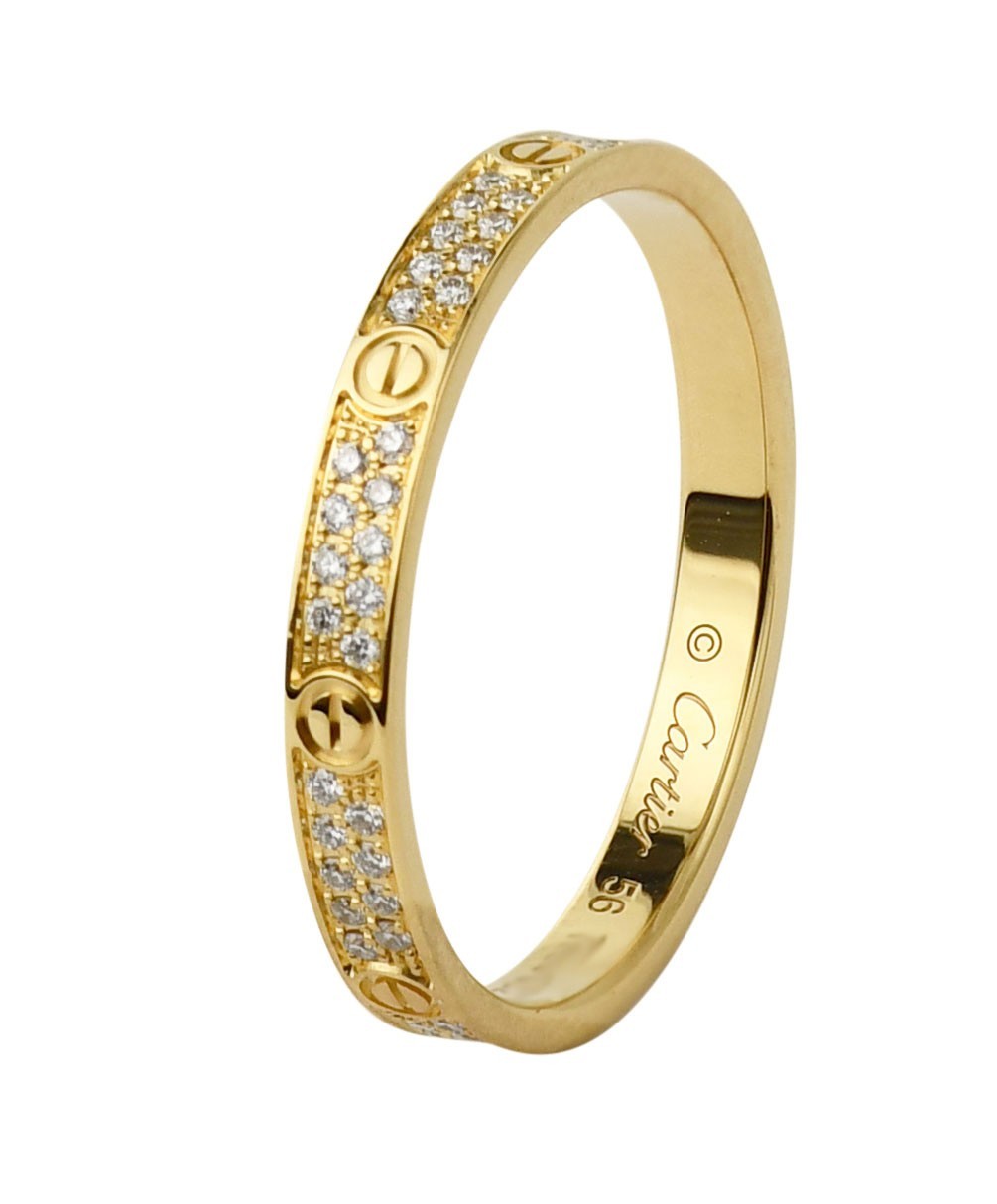 Cartier Love Ring Pave Diamond 18k Yellow Gold Mini Band Size 56 B/P'24 B4218056 Cartier Love Ring Pave Diamond 18k Yellow Gold Mini Band Size 56 B/P'24 B4218056