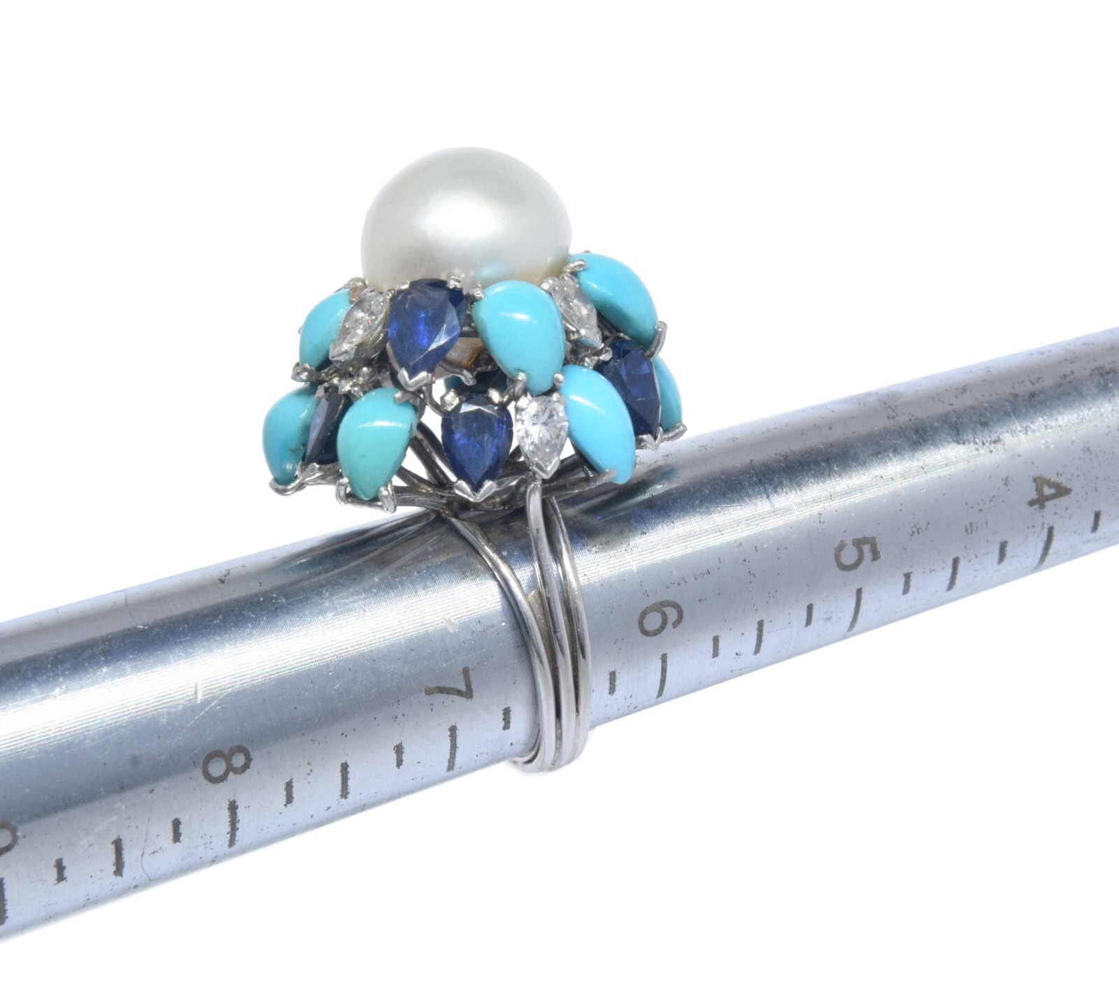 Pearl & Diamond & Sapphire & Turquoise Ring in 18k White Gold Ladies 6.5