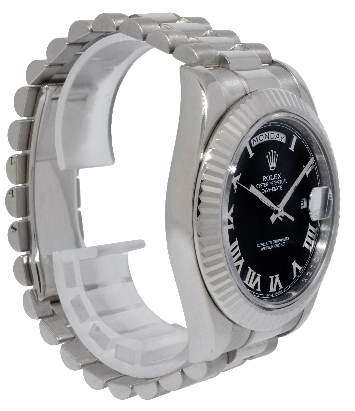 Rolex Day-Date II President 18k White Gold Black Roman 41mm Watch B/P '13 218239