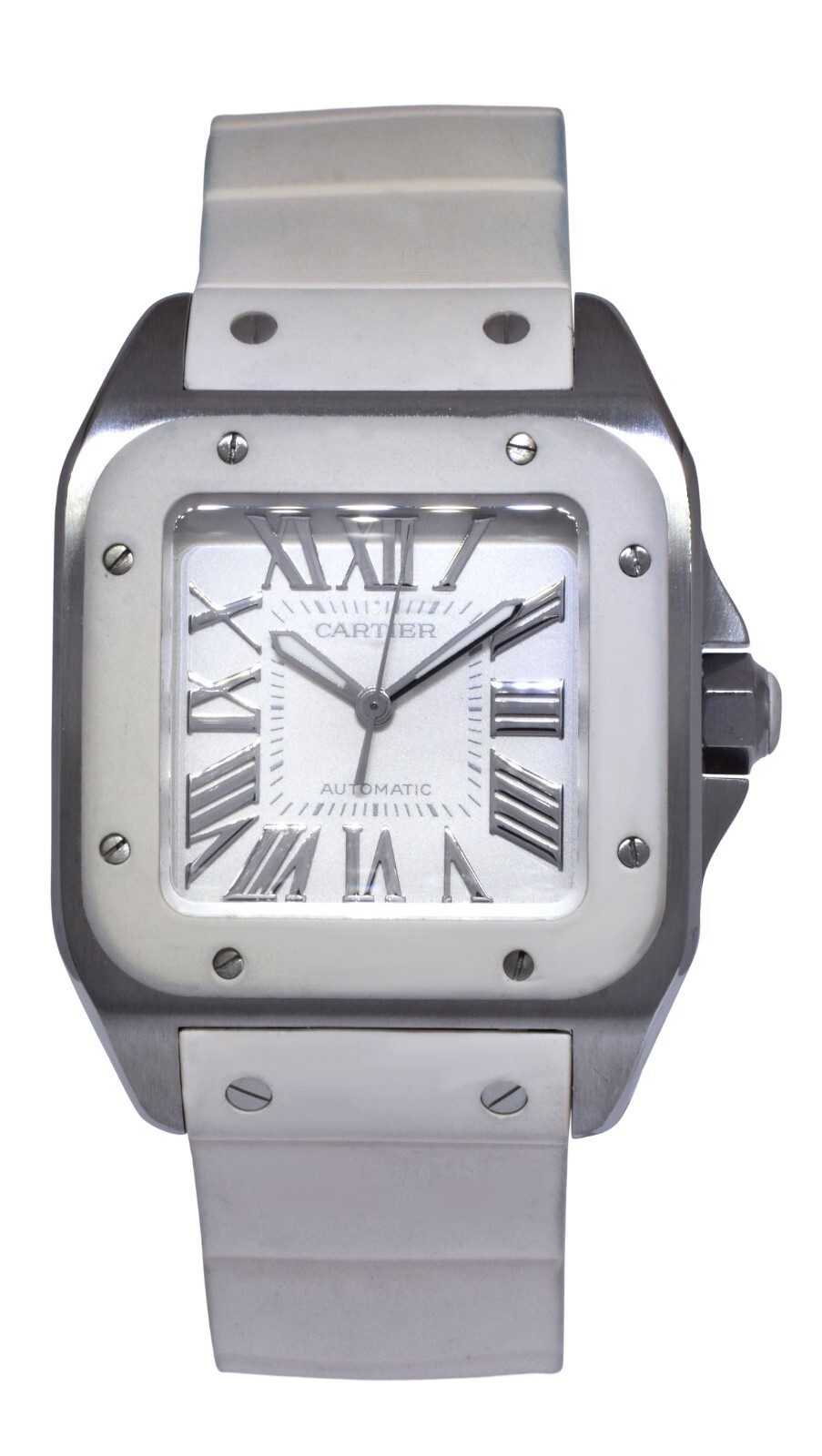 Cartier Santos 100 Medium Steel White Rubber Automatic Watch W20122U2 2878