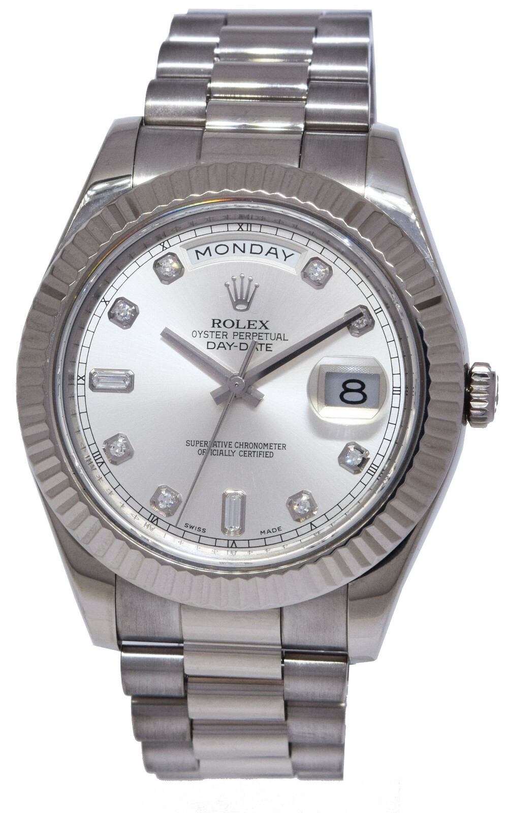 Rolex Day-Date II President 18k WG Silver Diamond Dial 41mm Watch B/P 218239