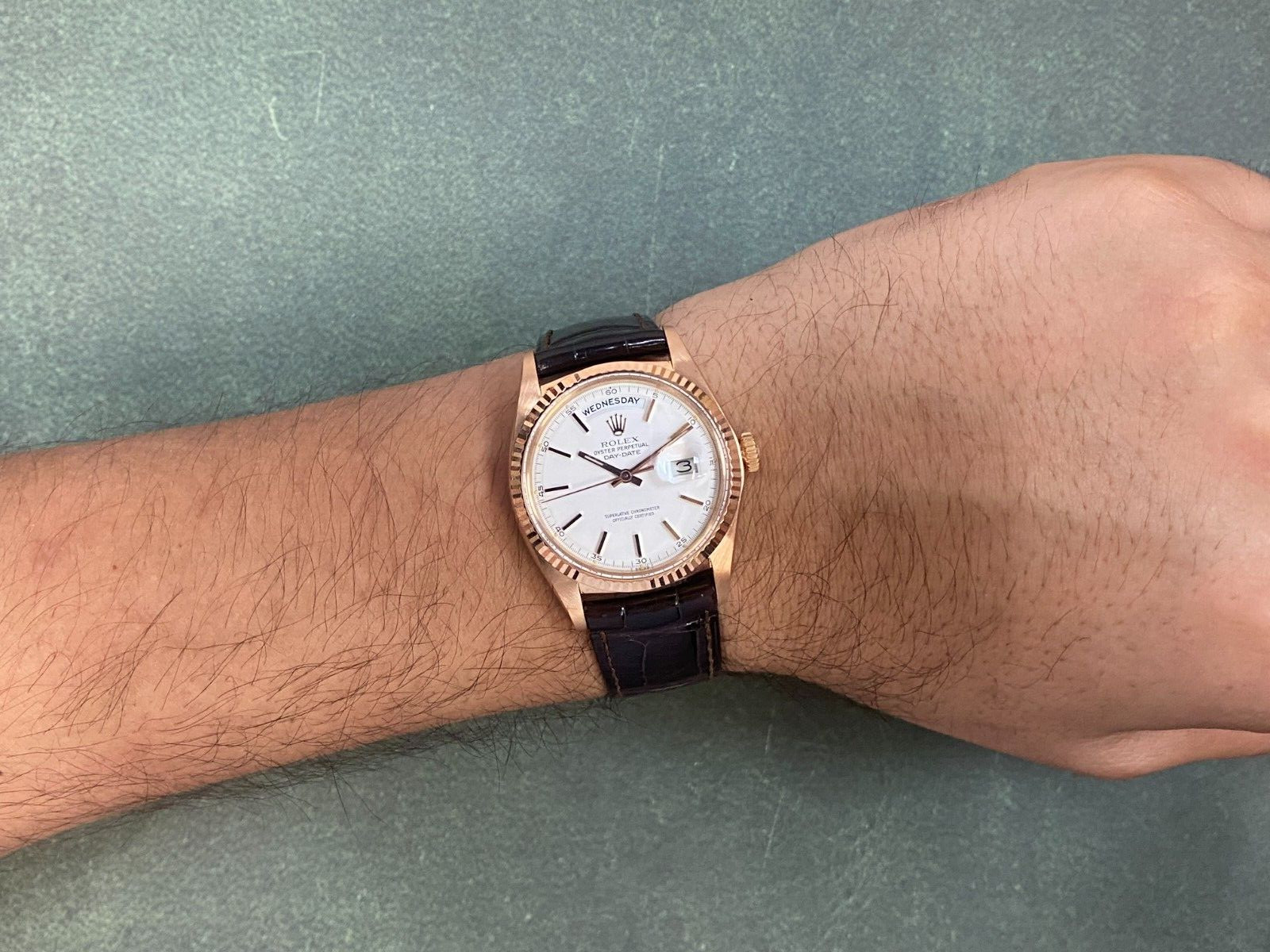 Rolex Day-Date Vintage 18k Rose Gold White Dial Mens 36mm Watch '71 1803