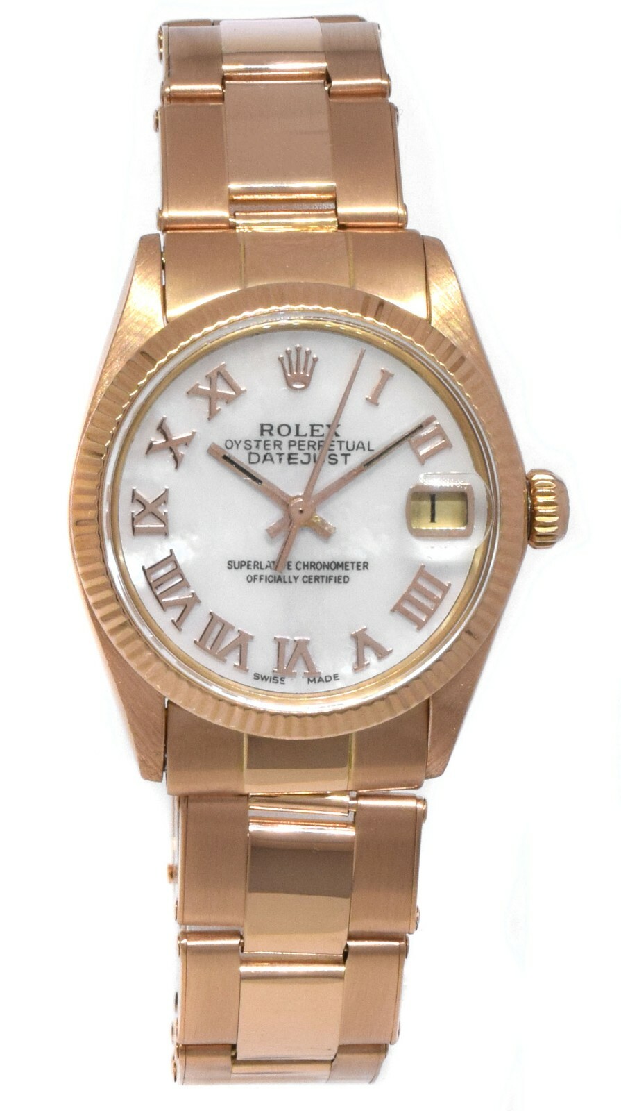 Rolex Datejust 18k Rose Gold MOP Roman Dial Midsize 31mm Vintage Watch 6627