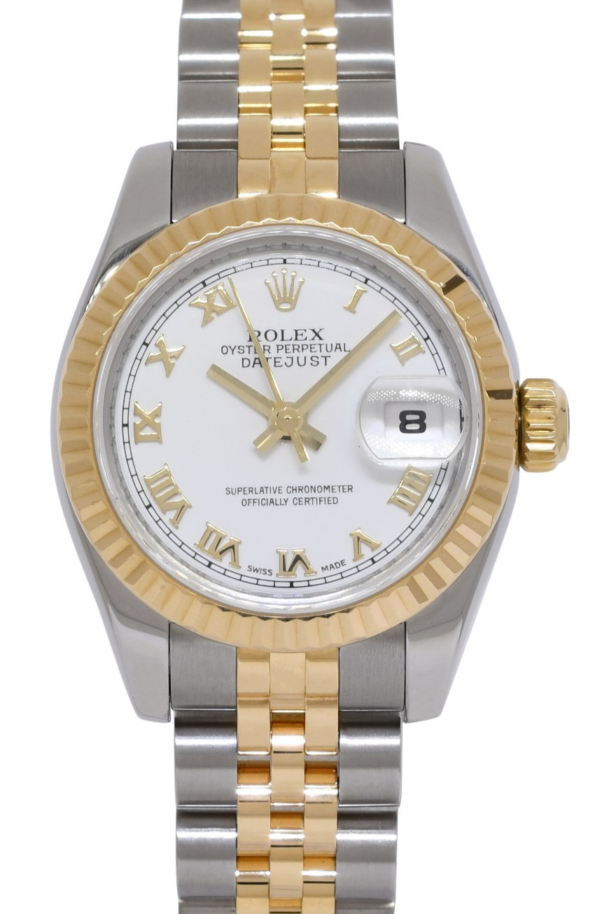 Rolex Datejust 18k Yellow Gold/Steel White Roman Dial Ladies 26mm Watch M 179173
