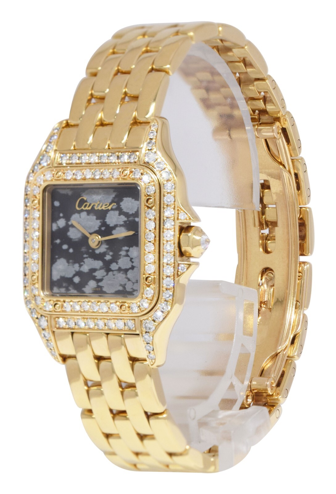 Cartier Panthere Small 18k Yellow Gold Obsidian Stone Dial Diamond Ladies Watch