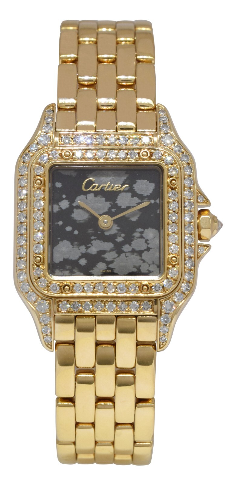 Cartier Panthere Small 18k Yellow Gold Obsidian Stone Dial Diamond Ladies Watch