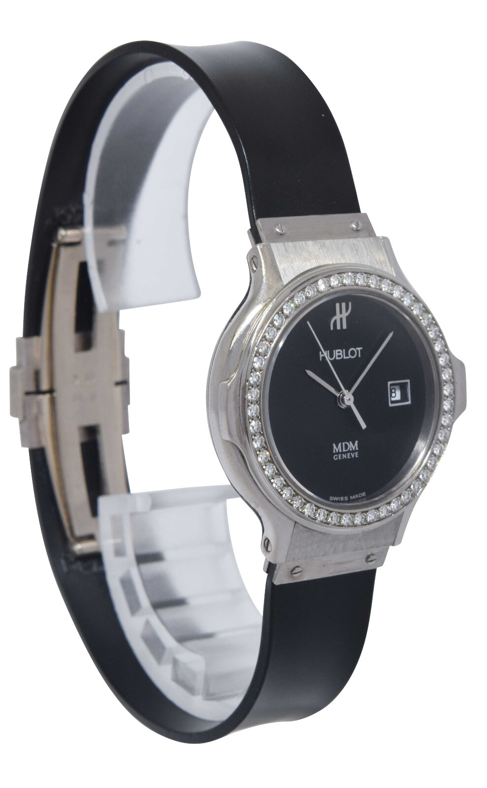 Hublot MDM 18k White Gold & Diamond Bezel Ladies 28mm Quartz Watch 1392.4.054