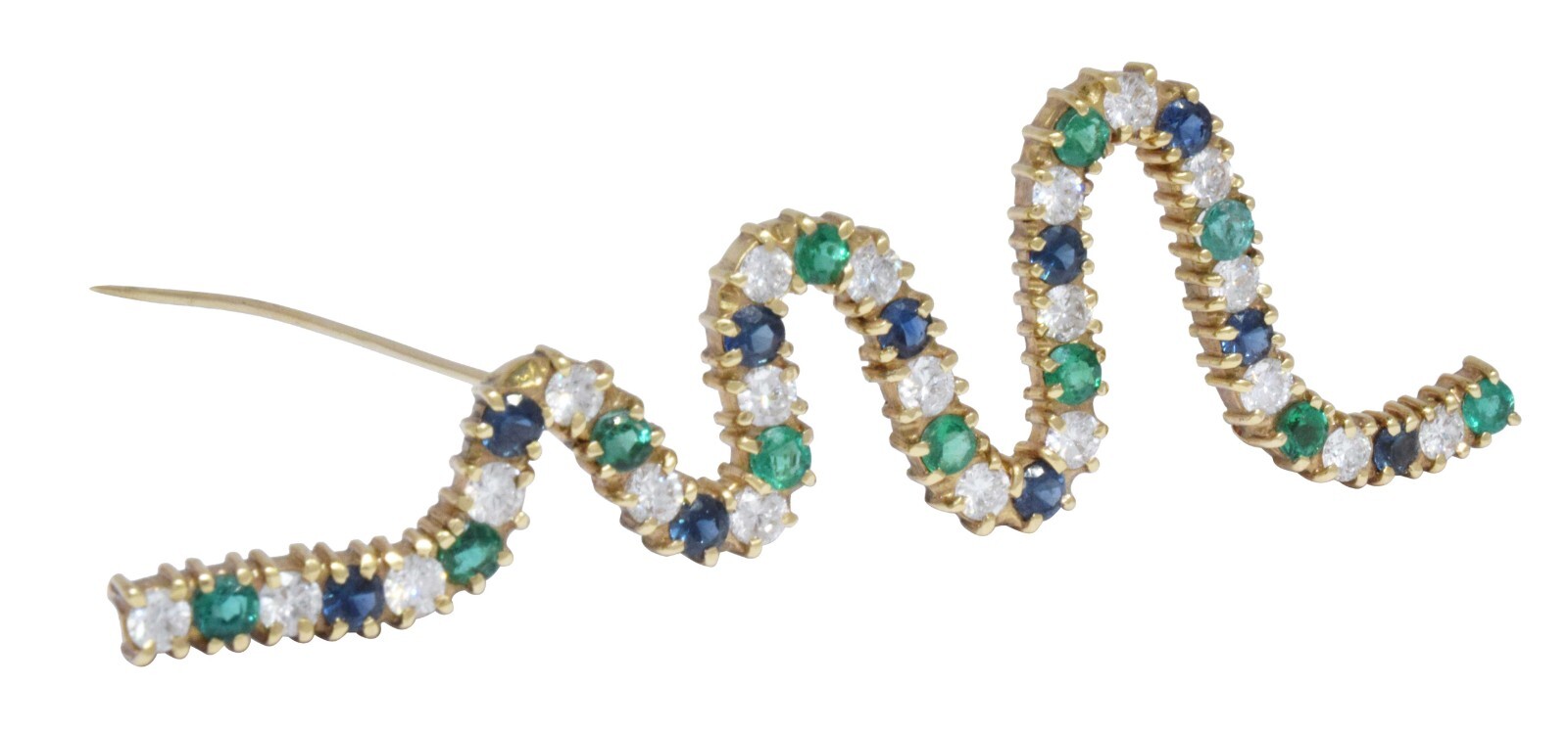 Ladies Diamond, Emerald & Sapphire 18k Yellow Gold Squiggle Brooch