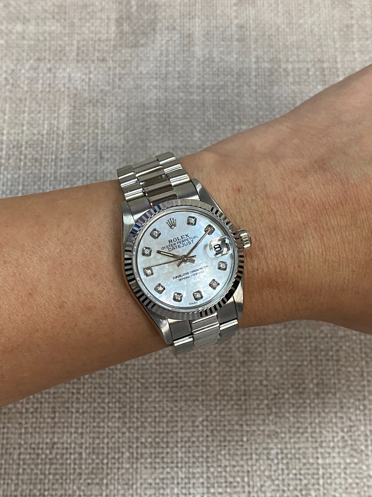 Rolex Datejust President 18k White Gold MOP Diamond Dial 31mm Watch L 68279