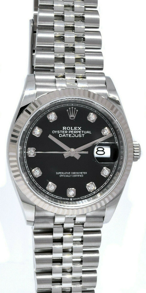 NOS Rolex Datejust Steel Black Diamond Dial Mens 36mm Watch '21 B/P 126234
