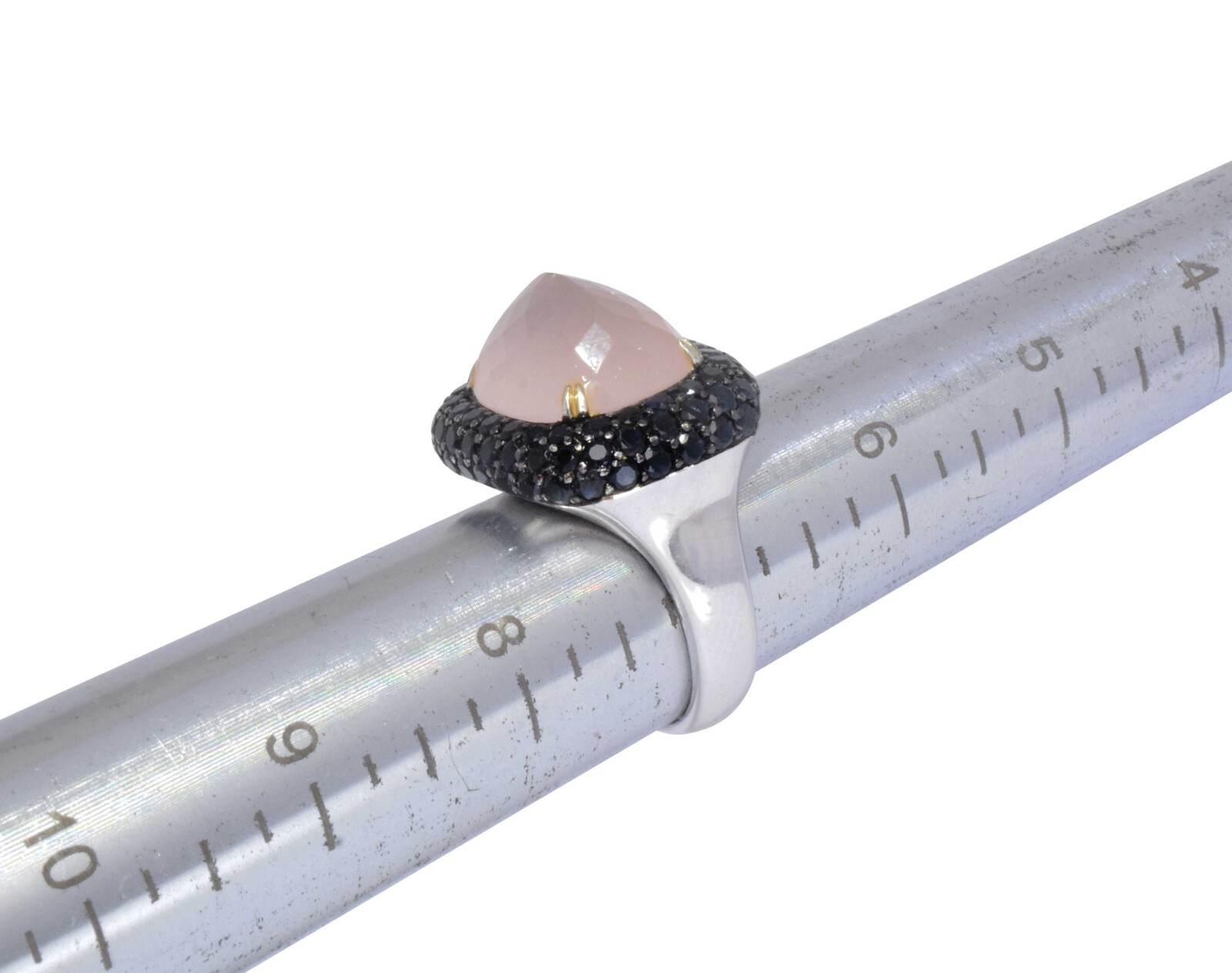 Black Diamond & Rose Quartz 18k White Gold Ladies Ring Size 7