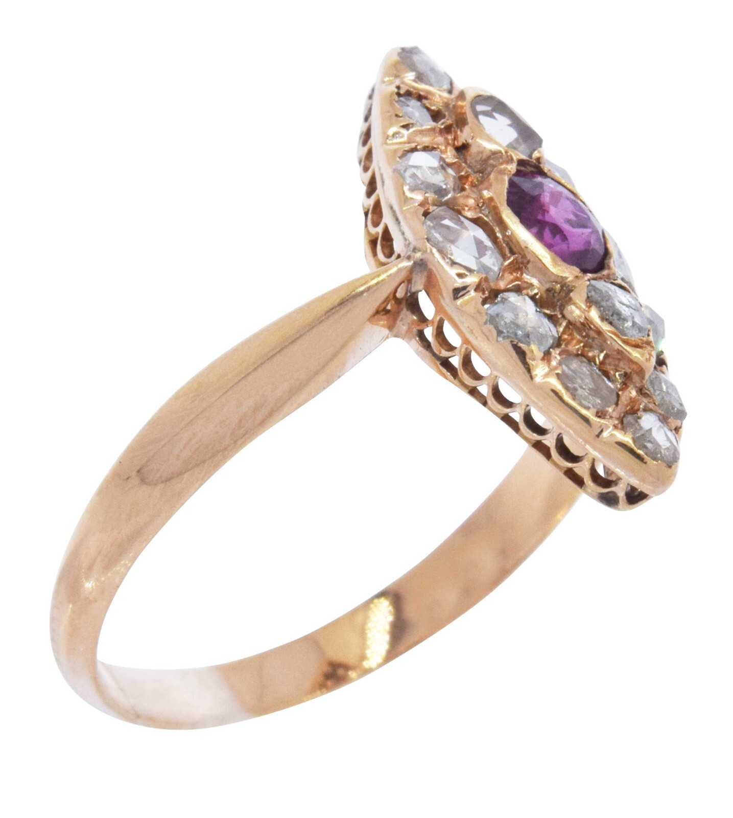 Diamond & Ruby Marquise Shape Ladies Vintage Ring in 14k Rose Gold