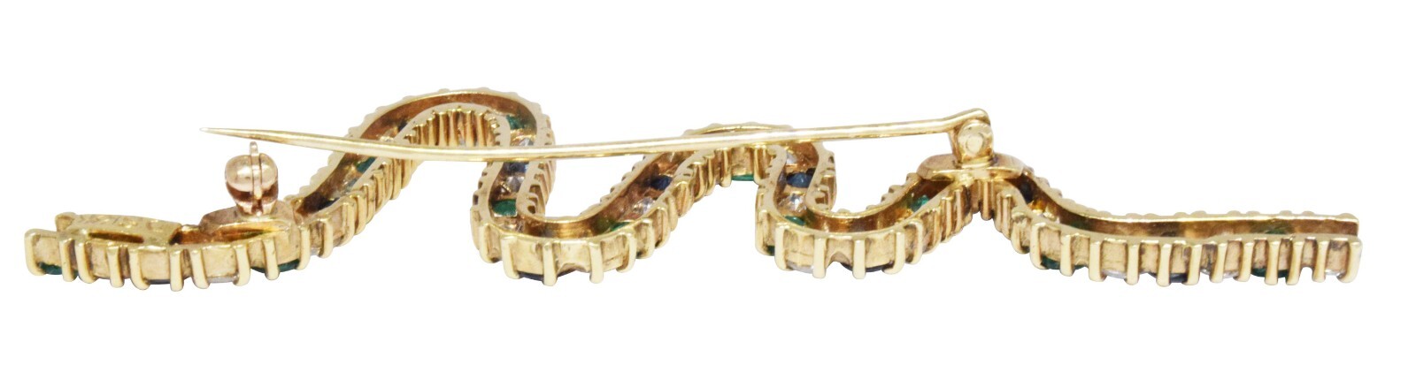 Ladies Diamond, Emerald & Sapphire 18k Yellow Gold Squiggle Brooch