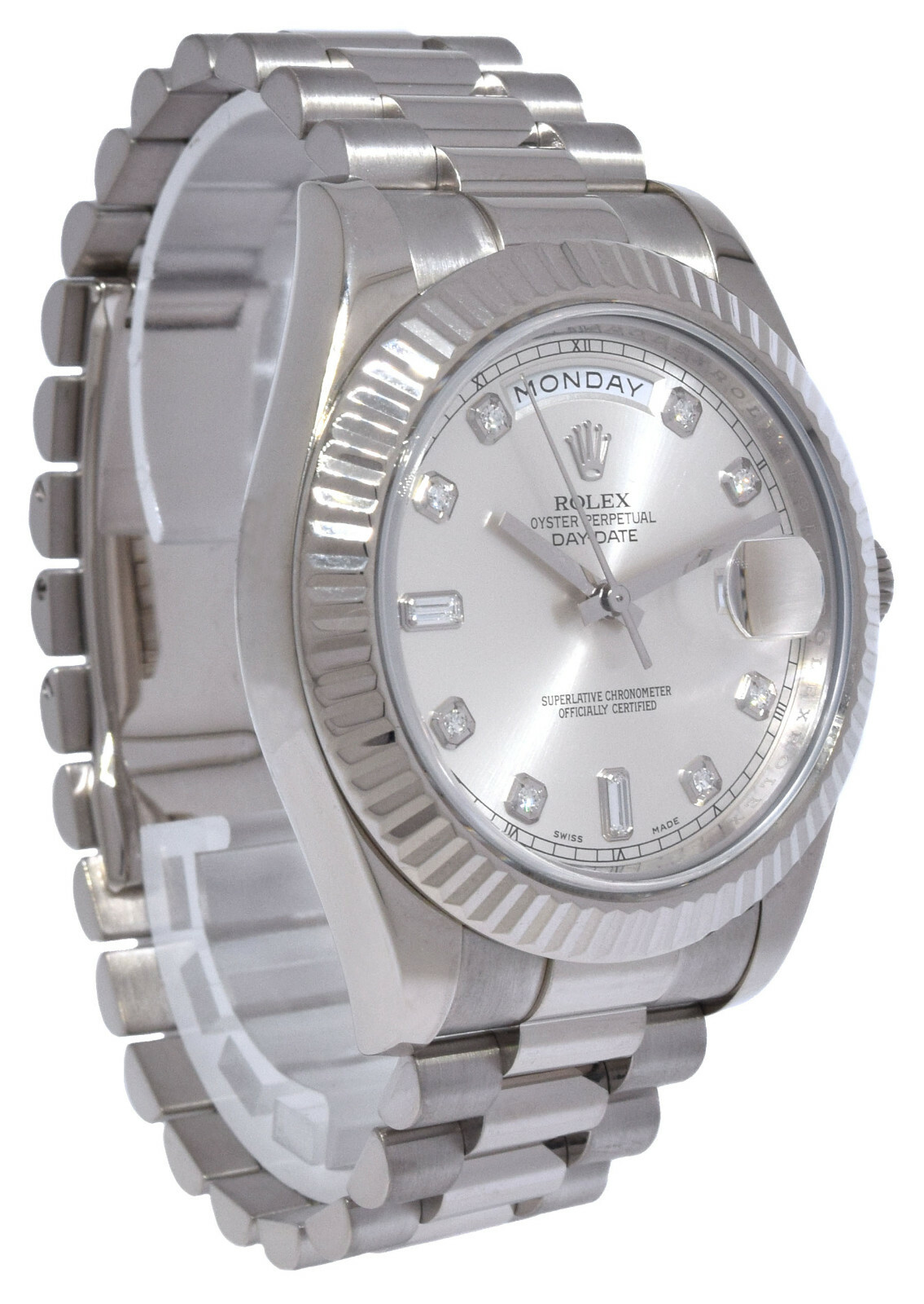 Rolex Day-Date II President 18k WG Silver Diamond Dial 41mm Watch B/P 218239