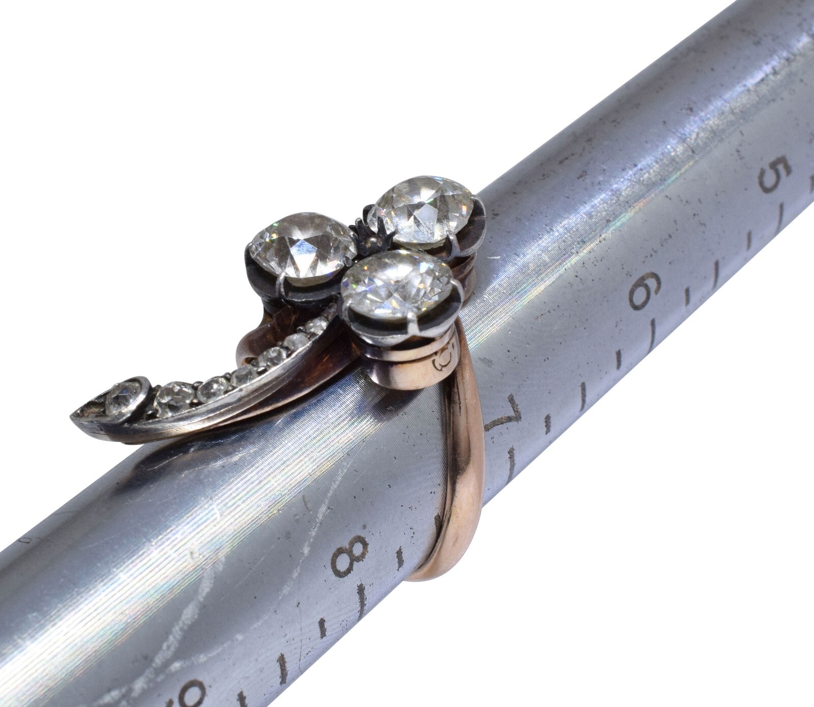 Victorian Style Diamond 14k Rose Gold & Silver Cocktail Ring Size 7.25