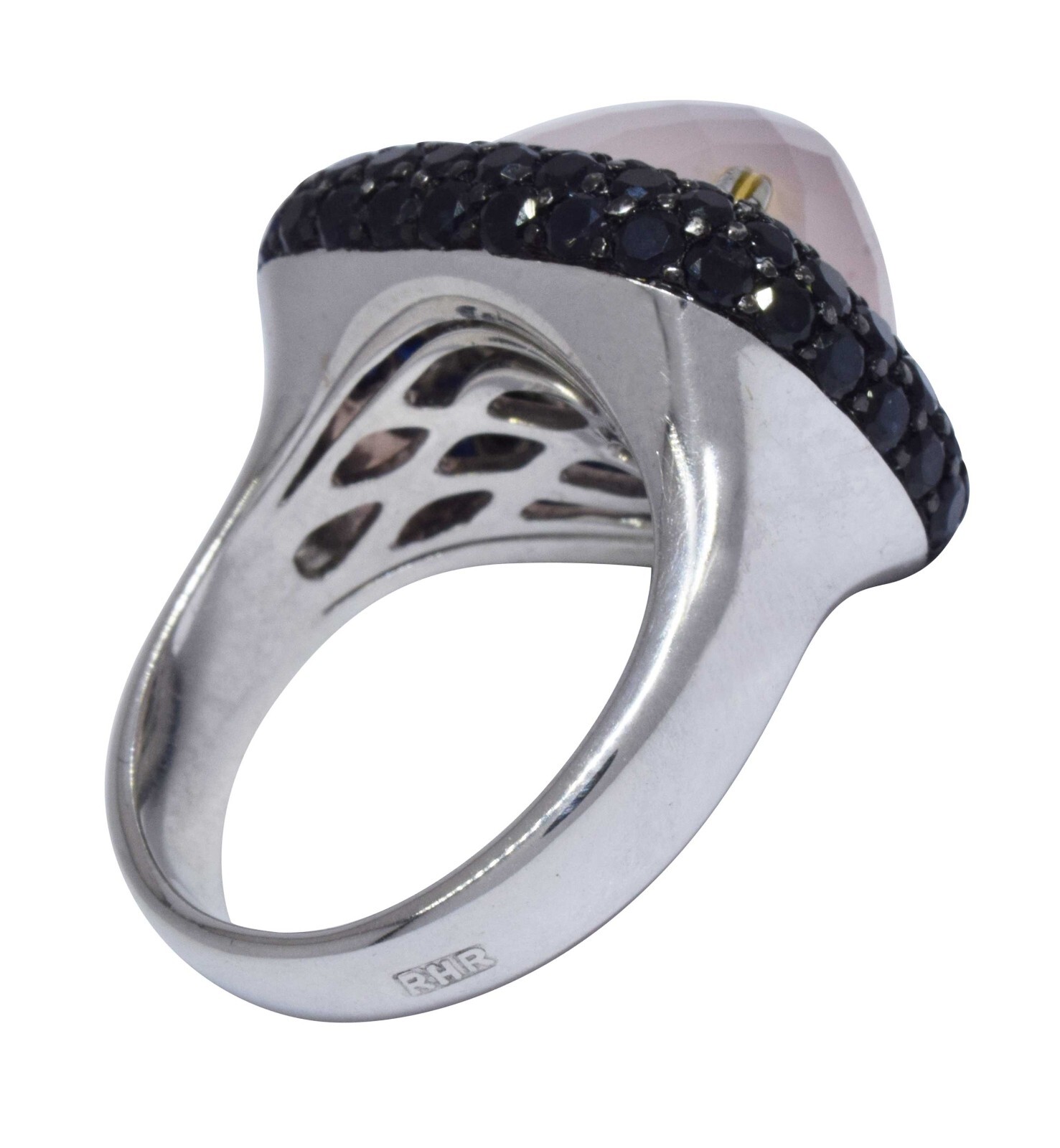 Black Diamond & Rose Quartz 18k White Gold Ladies Ring Size 7