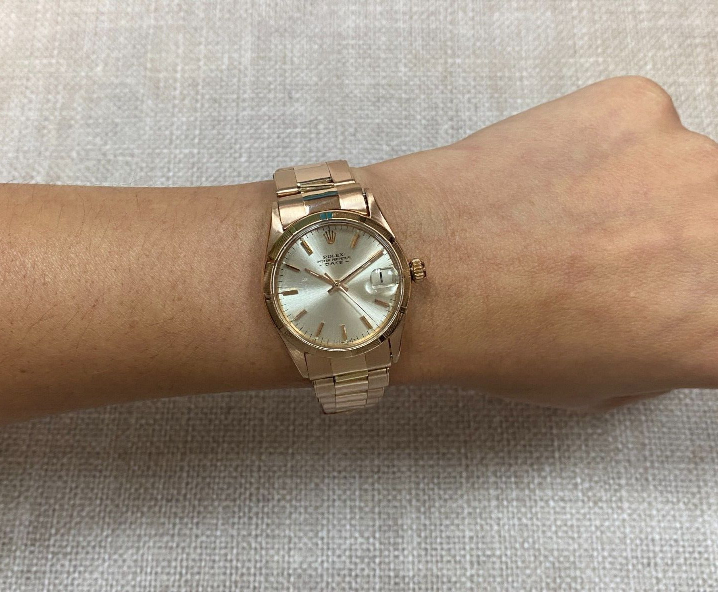 Rolex Date 18k Rose Gold Silver Dial Rivet Ladies 30mm Vintage Watch 6625