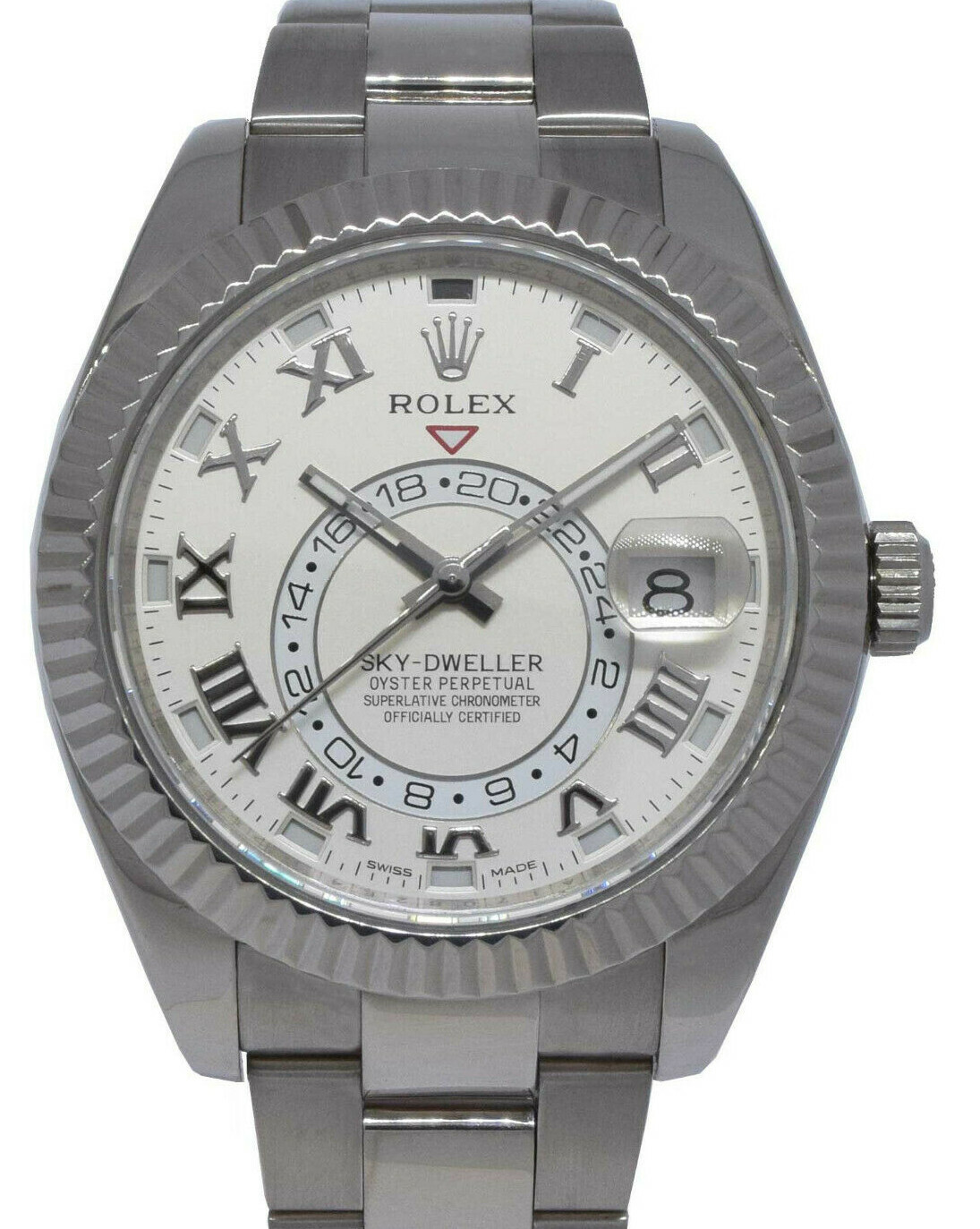 Rolex Sky-Dweller GMT 18k White Gold Ivory Roman Dial Mens 42mm Watch B/P 326939