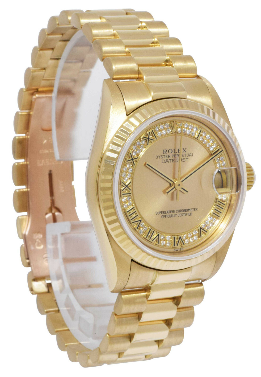 Rolex Datejust President 18k Yellow Gold Diamond Roman Ladies 31mm Watch E 68278