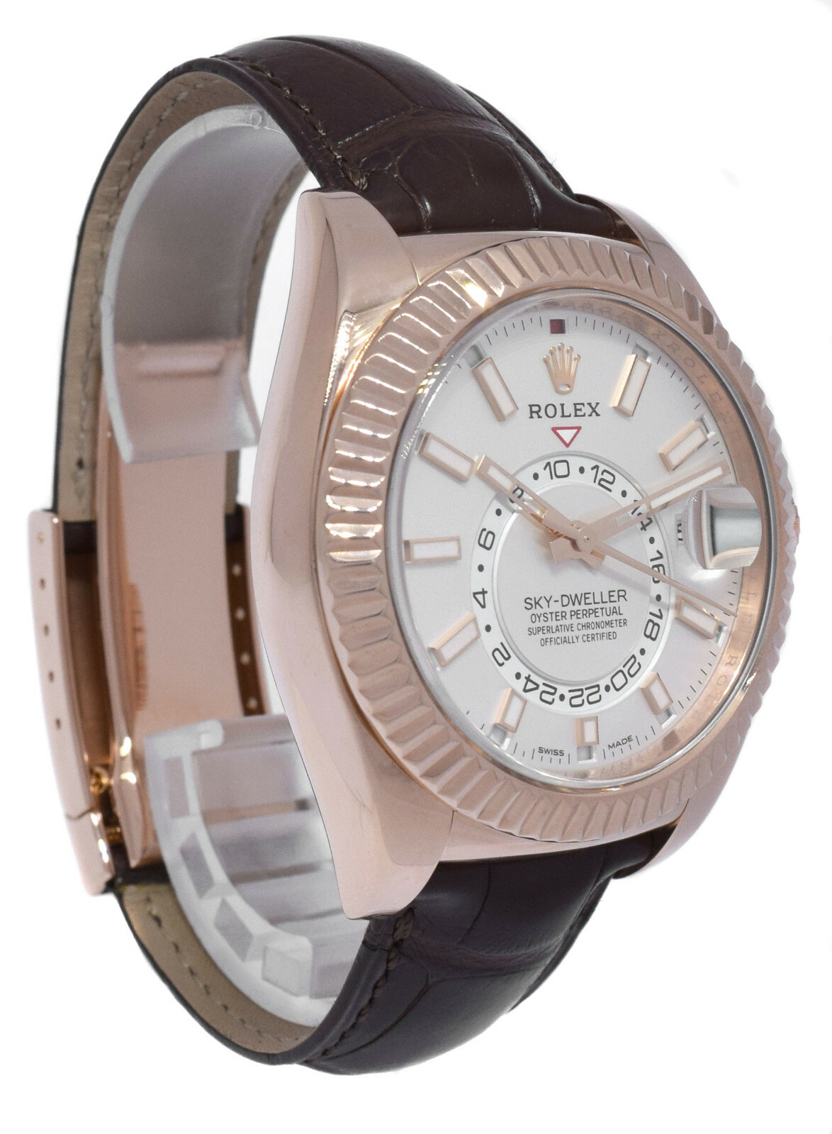 Rolex Sky-Dweller 18k Rose Gold White Dial Mens GMT 42mm Watch +Card '15 326135