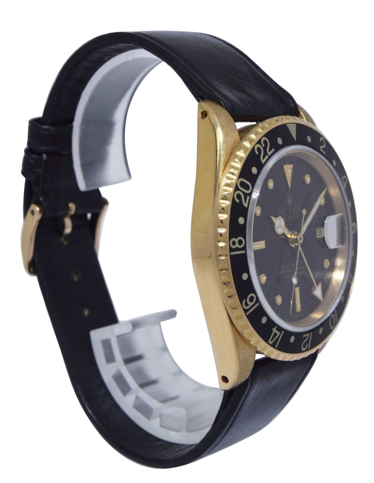 Rolex GMT-Master 18k Yellow Gold Black Nipple Dial 40mm Watch on Strap '84 16758