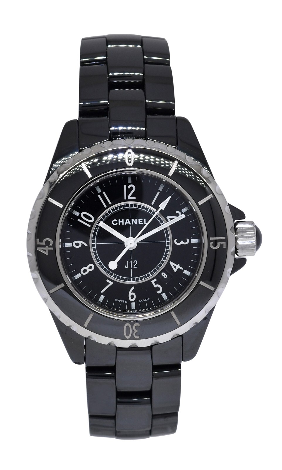 Chanel J12 Black Ceramic & Steel Ladies 33mm Quartz Watch +Box H0682