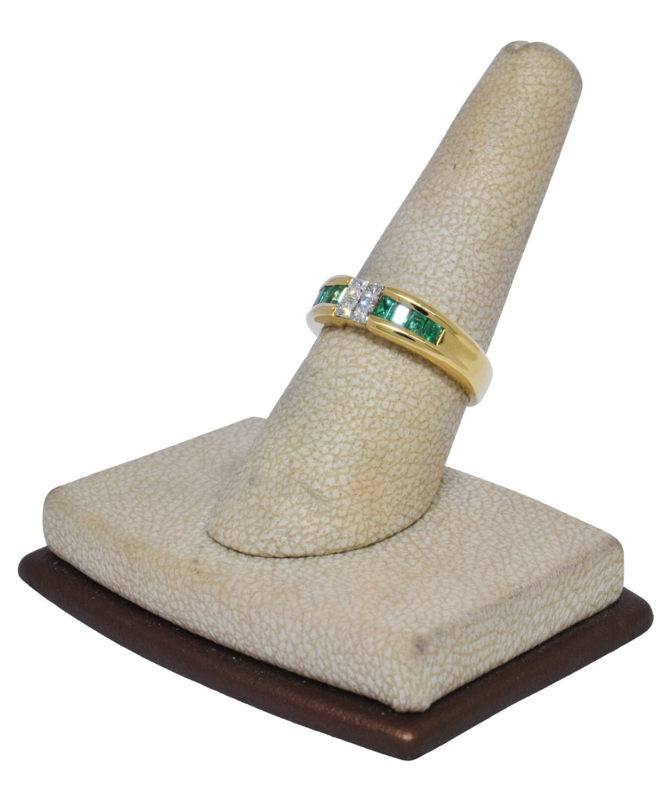 Green Emerald & Princess Cut Diamond 18k Yellow Gold Ladies Band Ring Size 6.25
