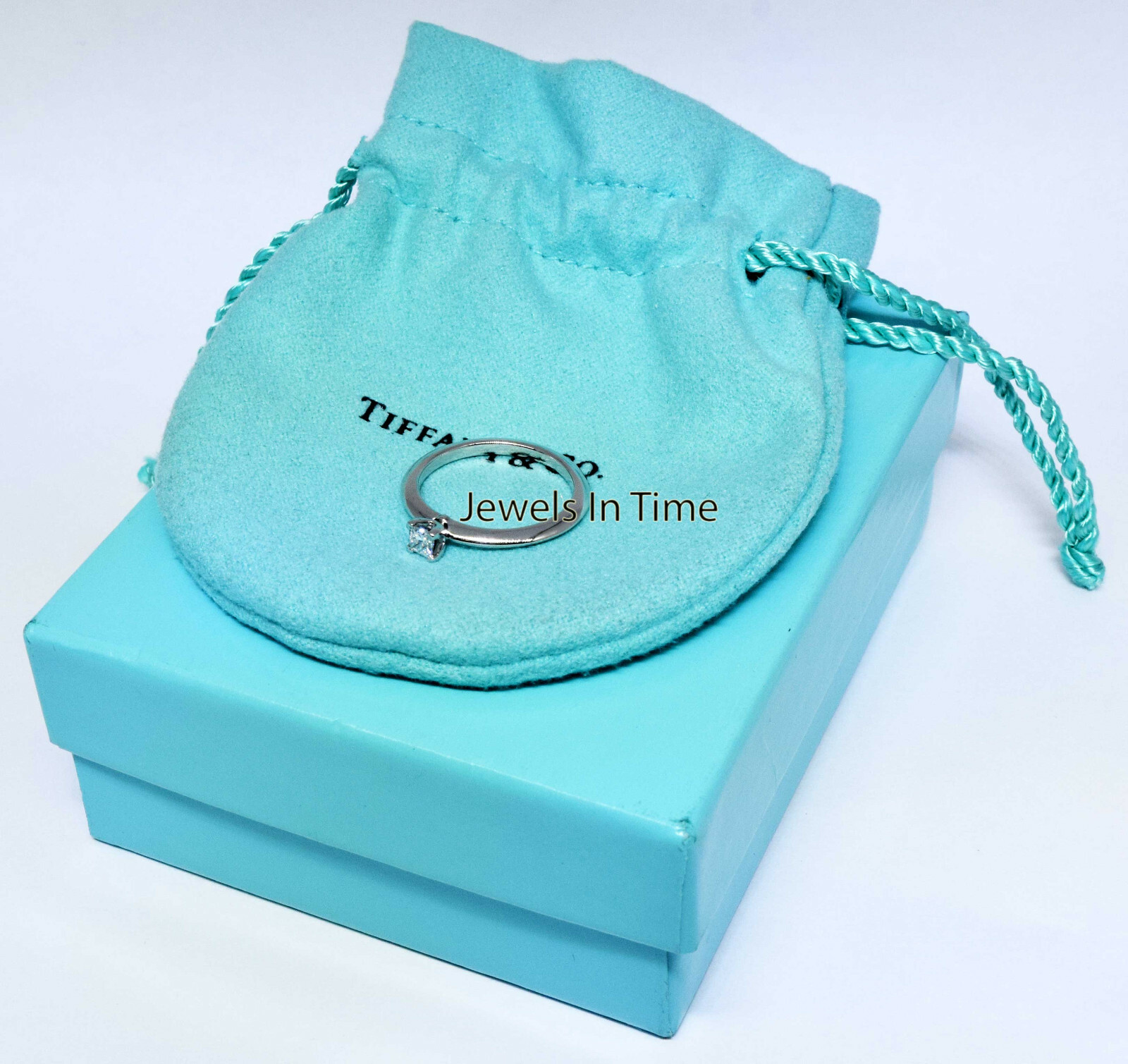 Tiffany & Co. 0.17 Carat Princess Cut Diamond & Platinum Ring & Box Size 6