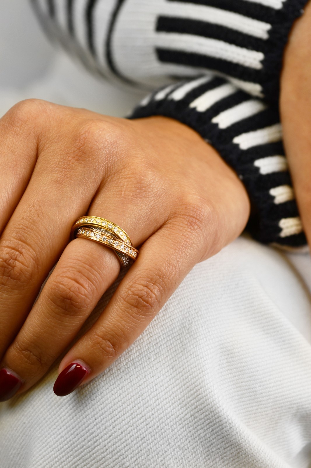 Cartier Trinity Pave Diamond Tri-Color 18k White Yellow & Rose Gold Ring Size 49
