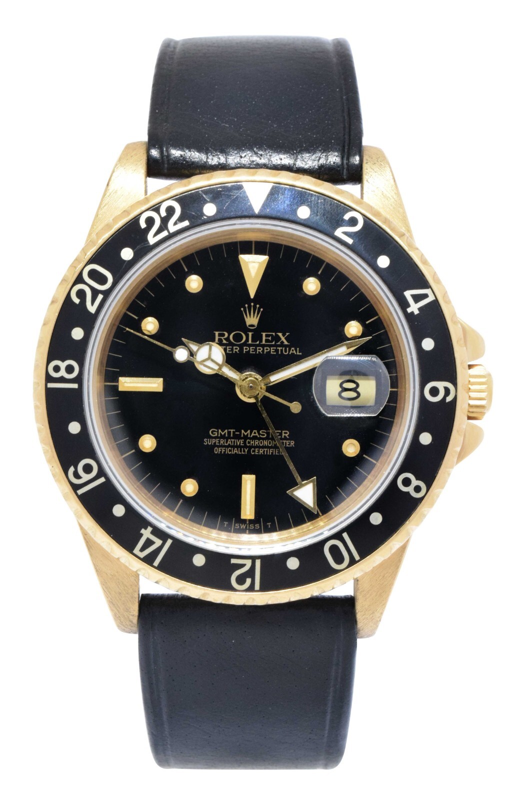 Rolex GMT-Master 18k Yellow Gold Black Nipple Dial 40mm Watch on Strap '84 16758