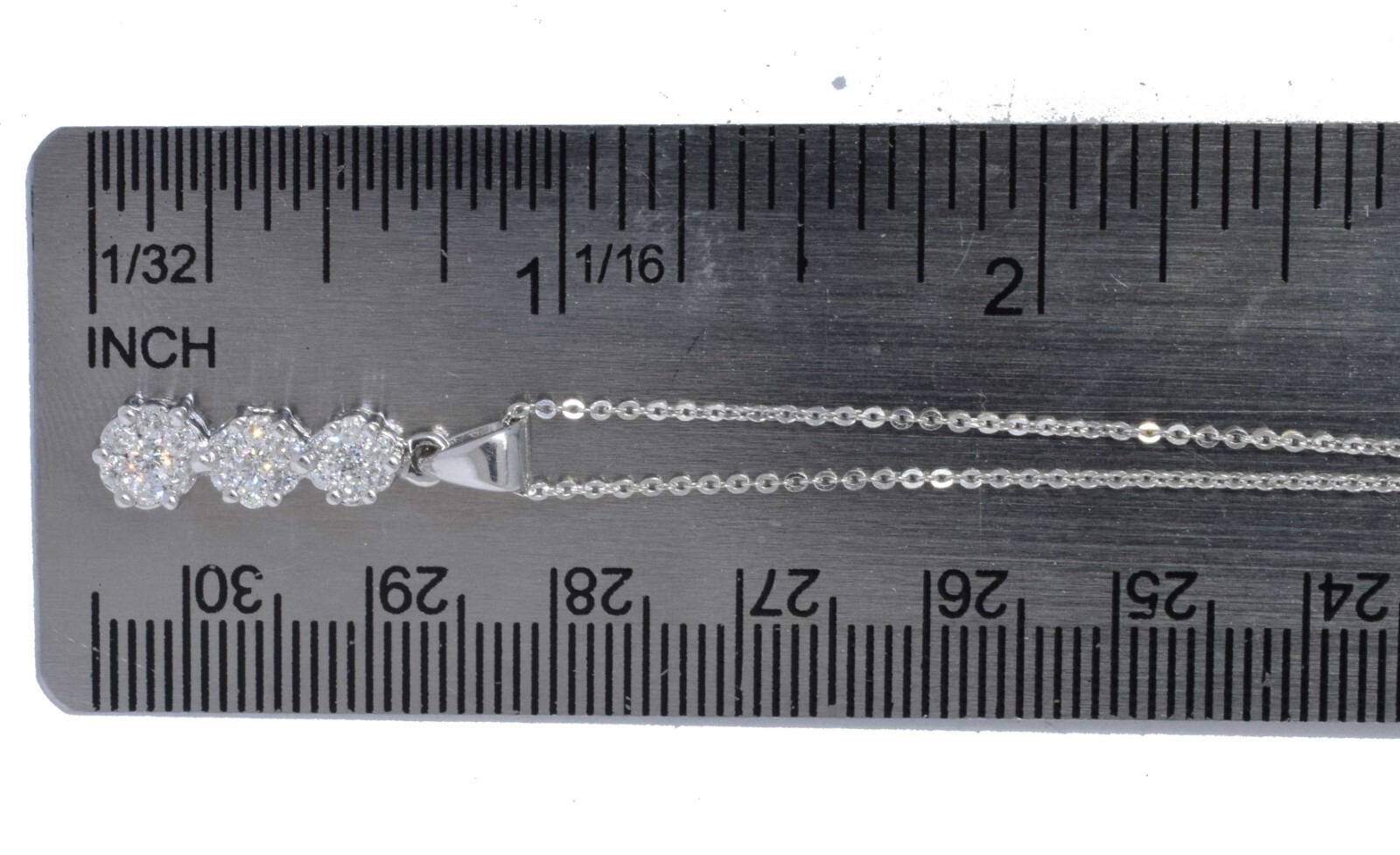 Ladies 14K White Gold 3 Diamond Cluster Necklace 16" 0.75ct