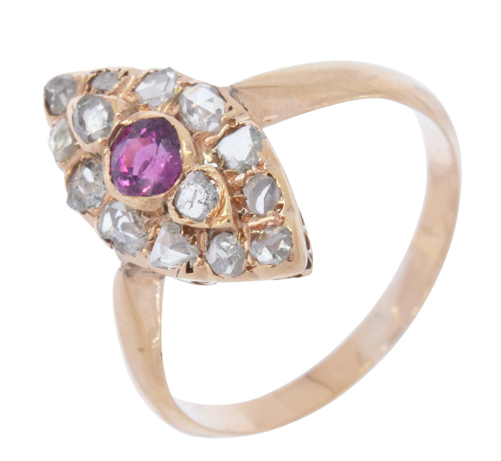 Diamond & Ruby Marquise Shape Ladies Vintage Ring in 14k Rose Gold
