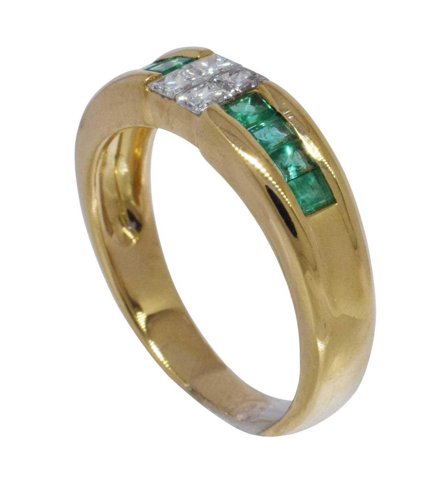 Green Emerald & Princess Cut Diamond 18k Yellow Gold Ladies Band Ring Size 6.25
