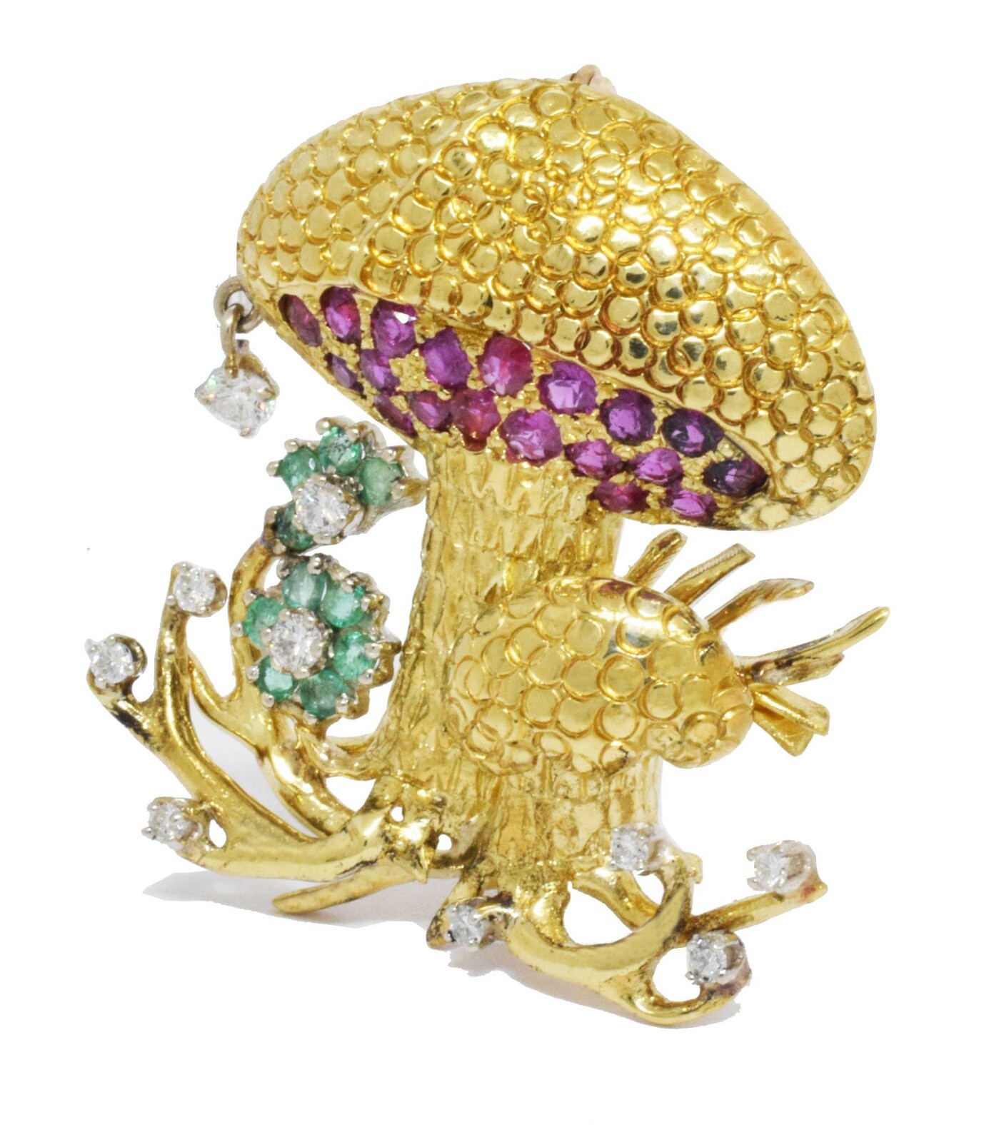18K Gold Whimsical Mushroom Diamond Rubbie & Emeralds Pin